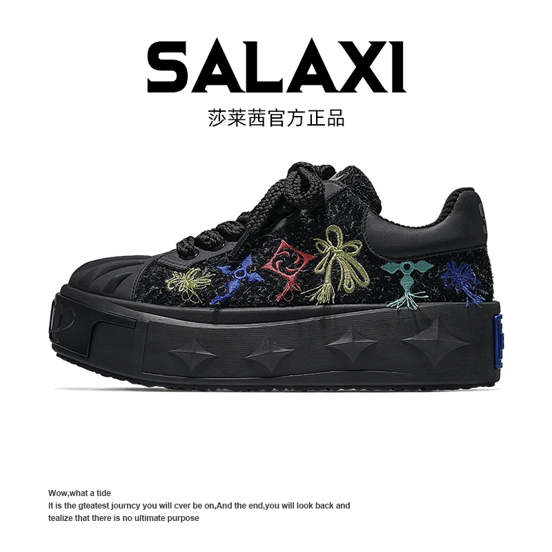 SALAXI/莎莱茜2025冬季刺绣图案情侣款系带国潮增高时尚休闲鞋