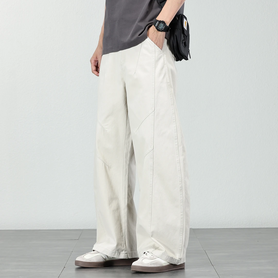 宽松直筒纯棉休闲裤男士2025夏季潮牌阔腿垂感长裤简约纯色裤子男