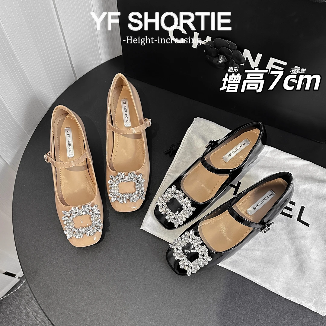 内增高7CM法式玛丽珍高跟单鞋女2025春新款方扣水钻粗跟漆皮女鞋