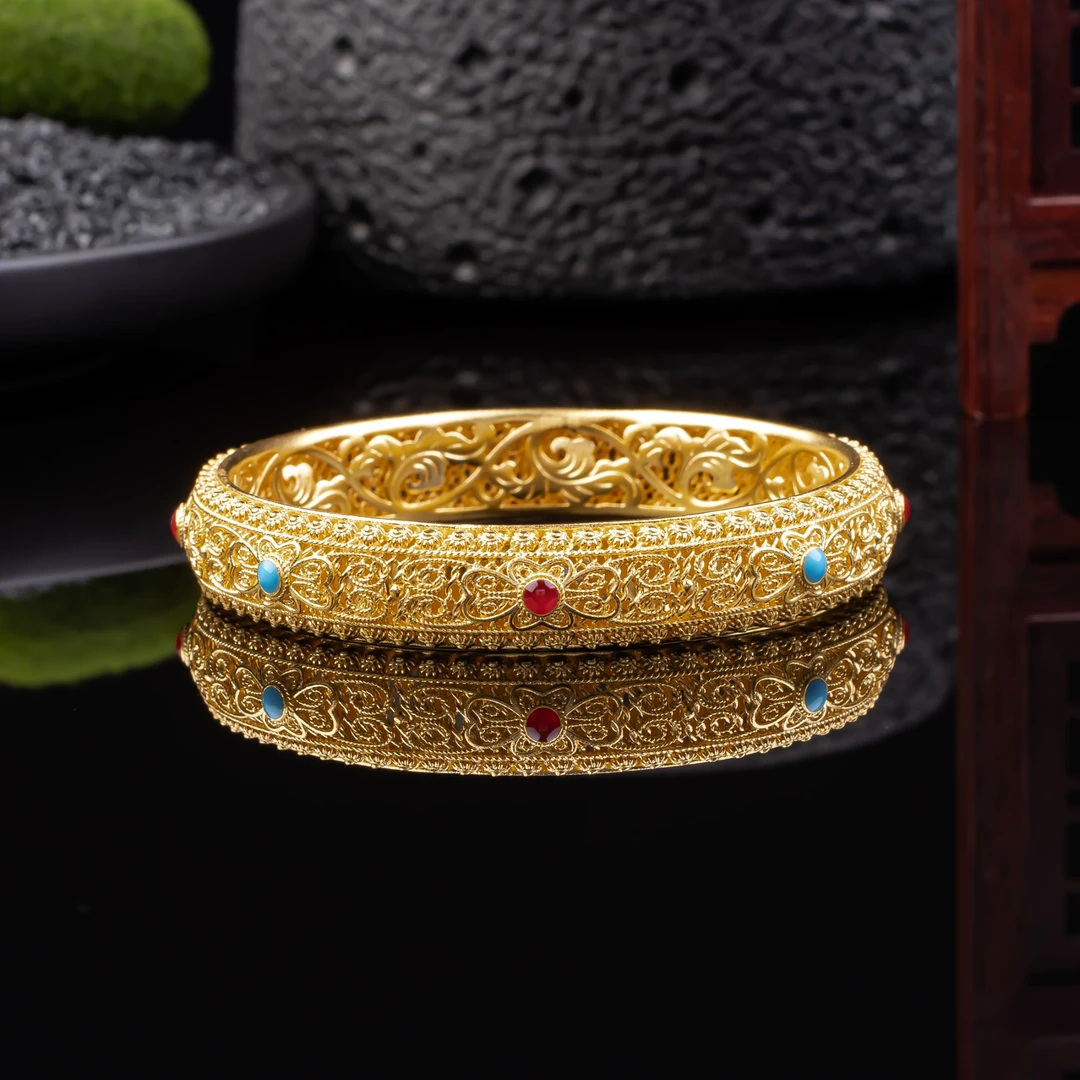 足银手镯 镂空花丝珐琅传承皇后手镯复古精美30g