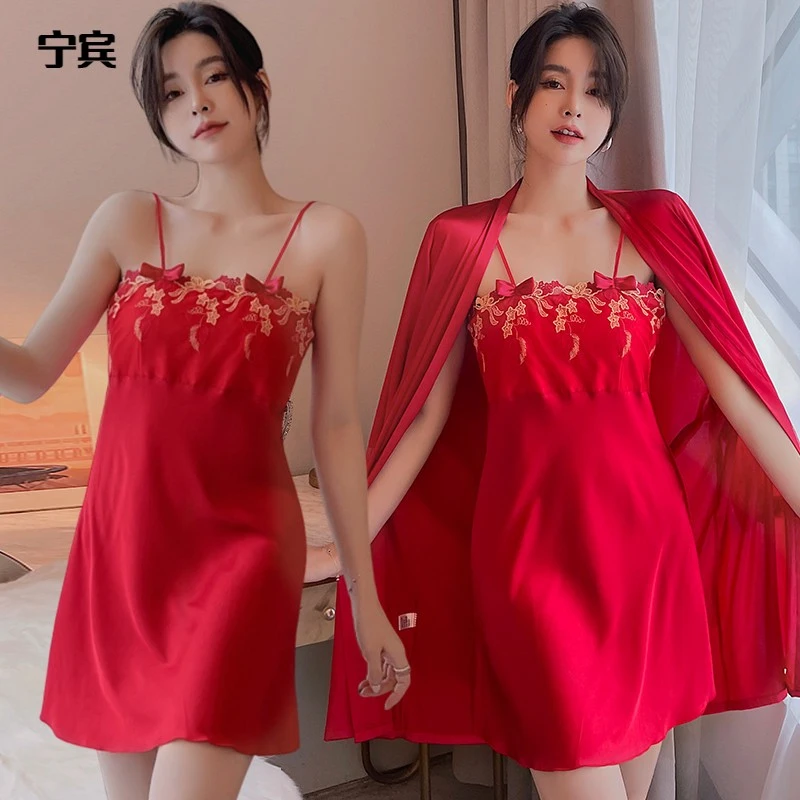 维多利亚睡衣女夏冰丝性感蕾丝套装薄款吊带睡裙睡袍两件套红色家