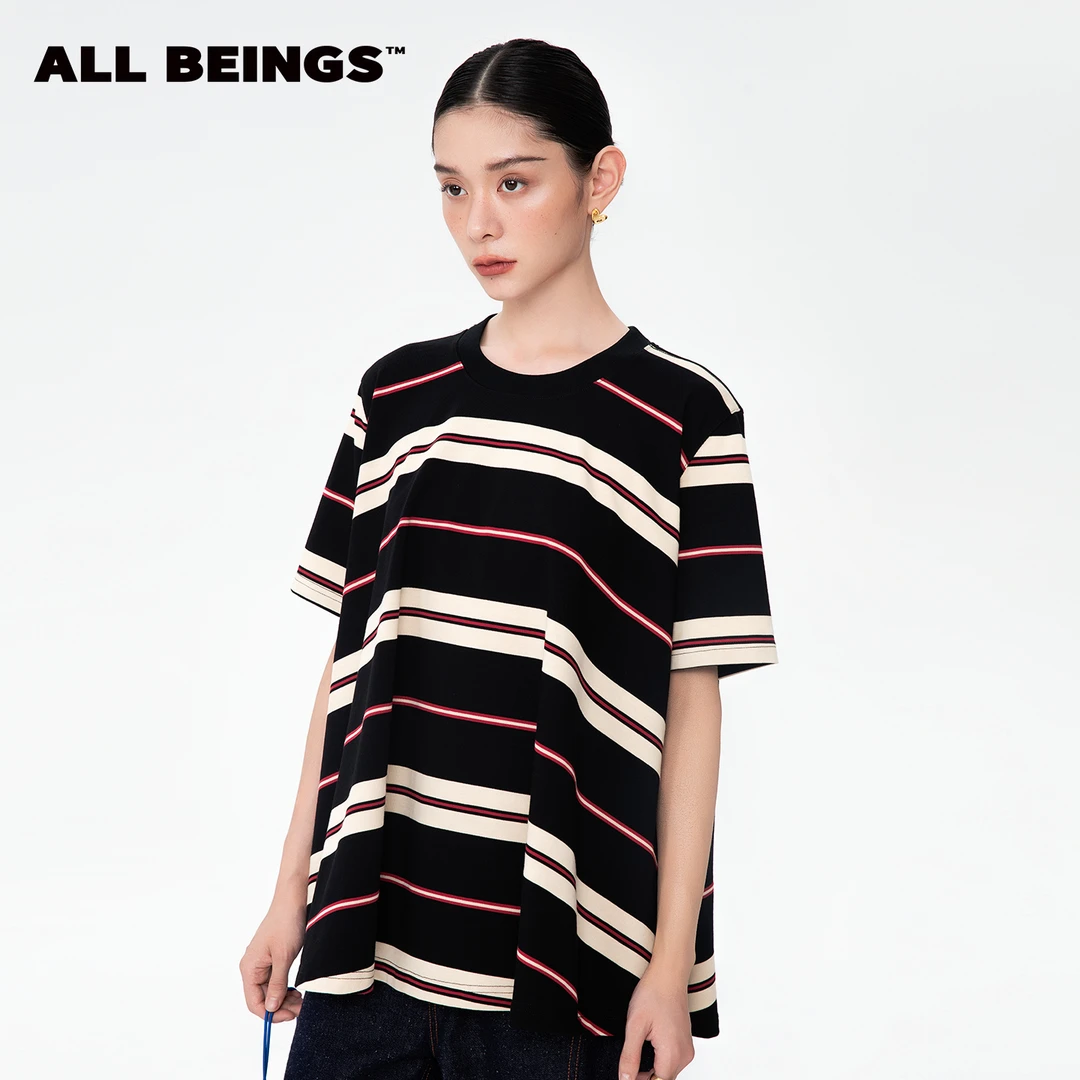ALL BEINGS25AW设计师新款红黑条纹A摆圆领透气短袖T恤女