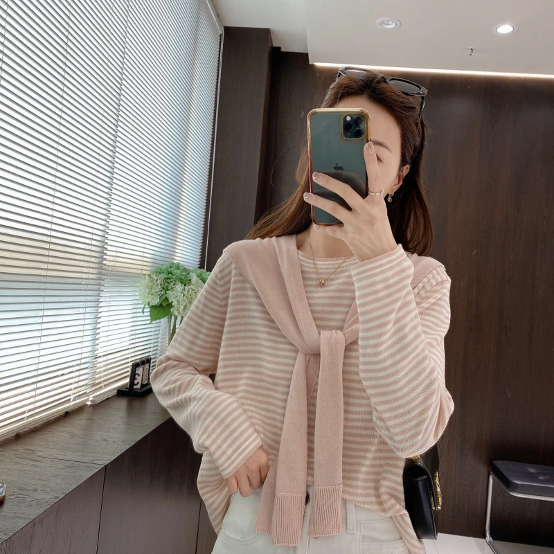 IMFLY金小金自制女装 针织衫DYW8719欧若风春装条纹披肩打底上衣