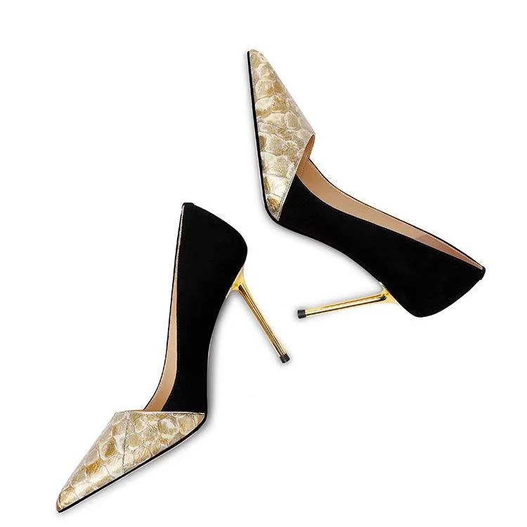 高跟鞋女合金跟气质职业浅口鞋蛇皮羊皮拼色气质细跟单鞋1362