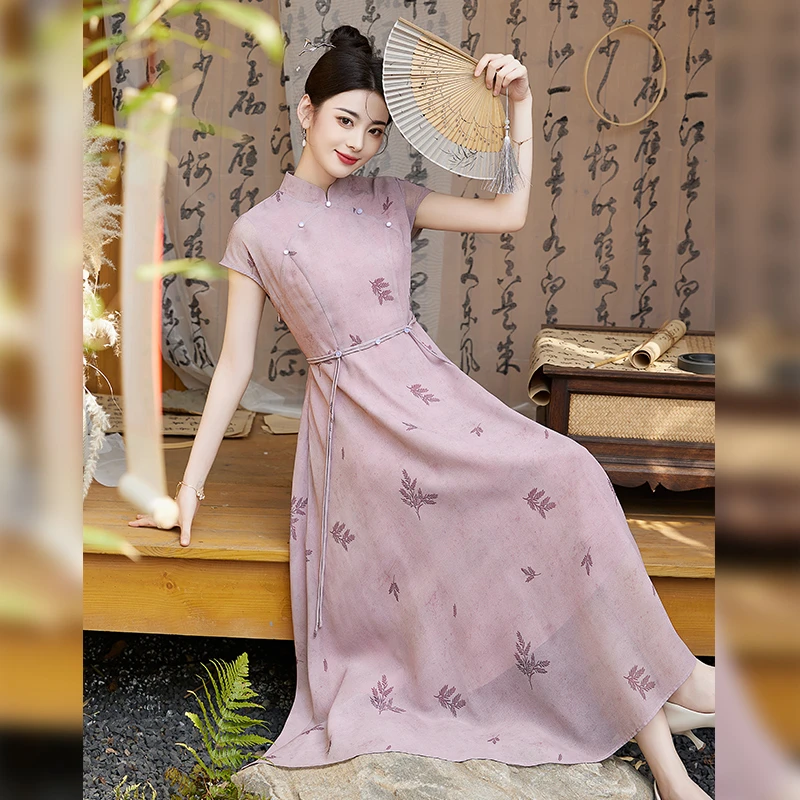 紫色新中式国风改良旗袍连衣裙女25夏新款高级感气质显瘦绝美长裙