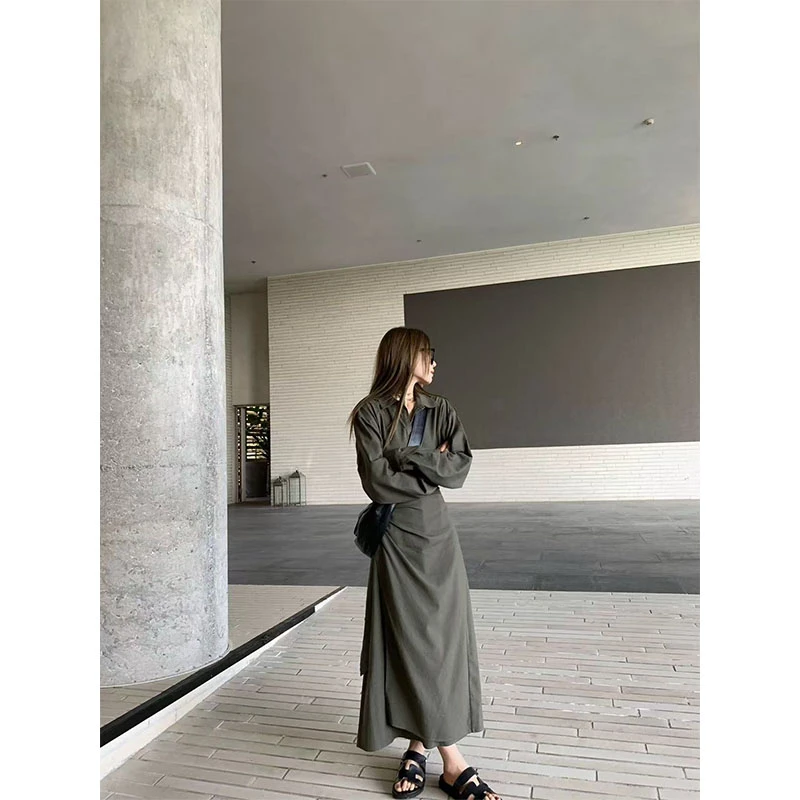 早秋韩系时尚高级感小众显瘦绑带衬衣连衣裙收腰百搭休闲A字长裙