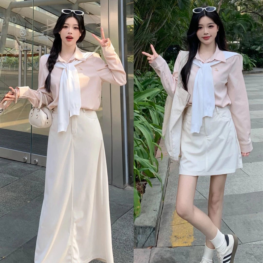 大码韩系穿搭套装女春季正肩刺绣衬衫胖MM高腰显瘦半身裙子两件套