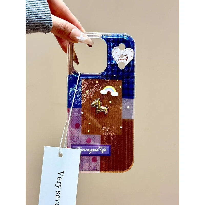 锡纸纹复古蓝棕格彩虹立体小马适用苹果17promax手机壳15iphone16