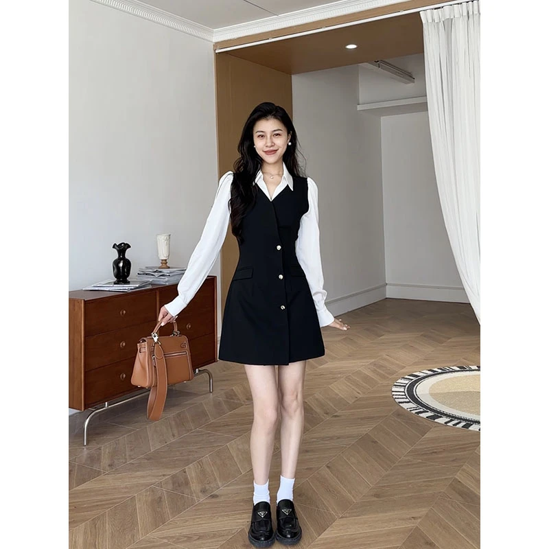 张阿星【佩里月光】气质赫本法式通勤时尚假两件撞色拼接收腰连衣裙