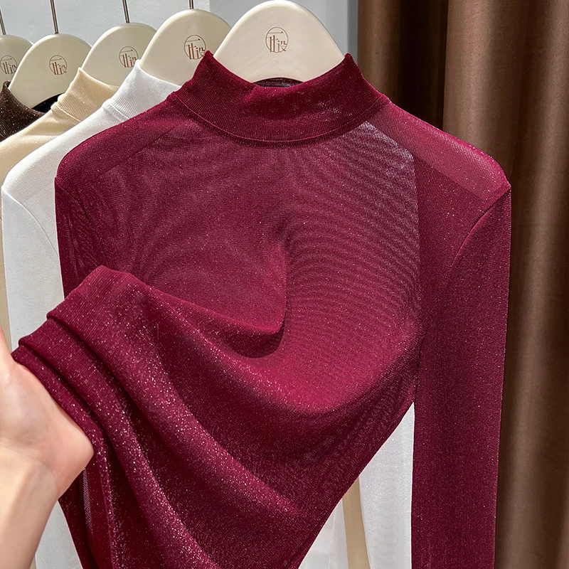 轻熟风红色优雅网纱打底衫女秋冬毛衣叠穿内搭半高领亮丝长袖上衣