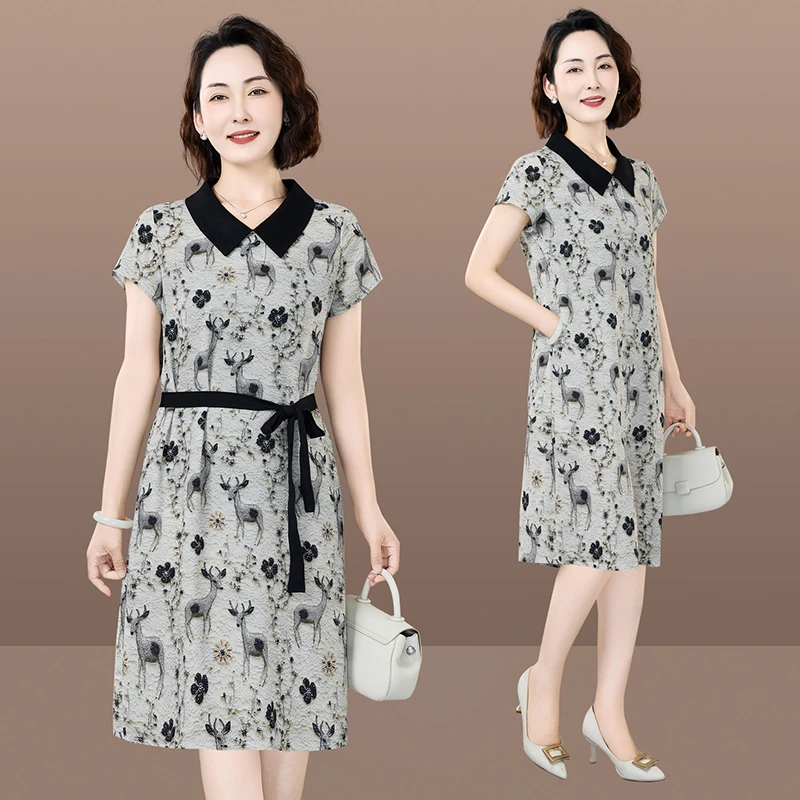 恩狐2025妈妈夏装休闲舒适短袖连衣裙夏季新款显瘦遮肉裙子
