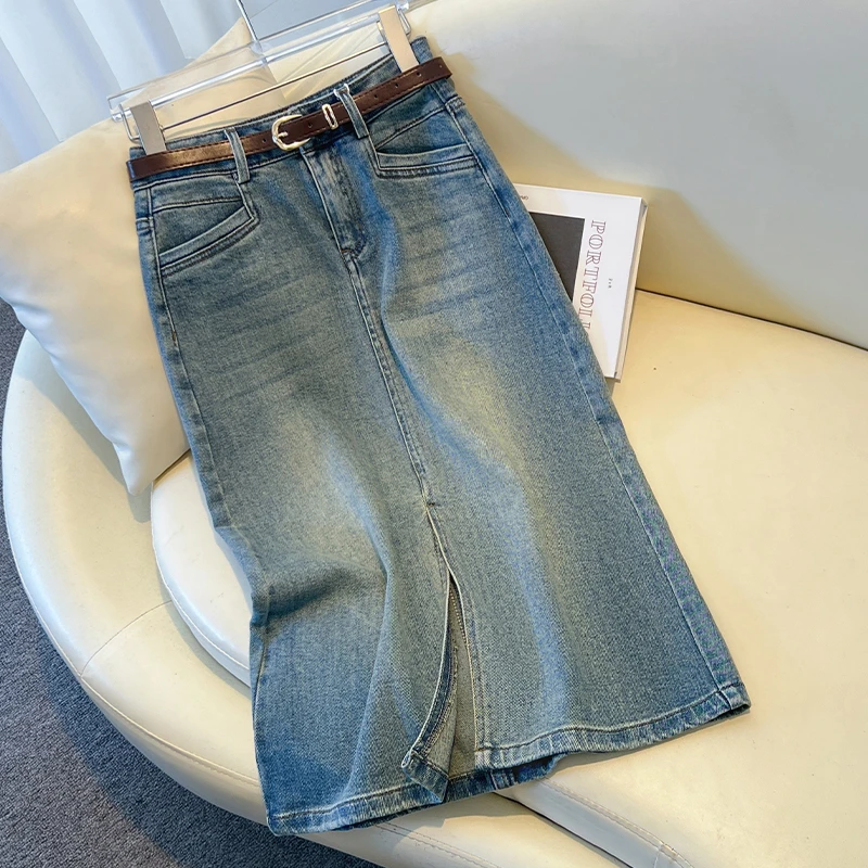 前开叉牛仔直筒裙女夏2025春季新款高腰显瘦浅蓝色复古百搭半身裙