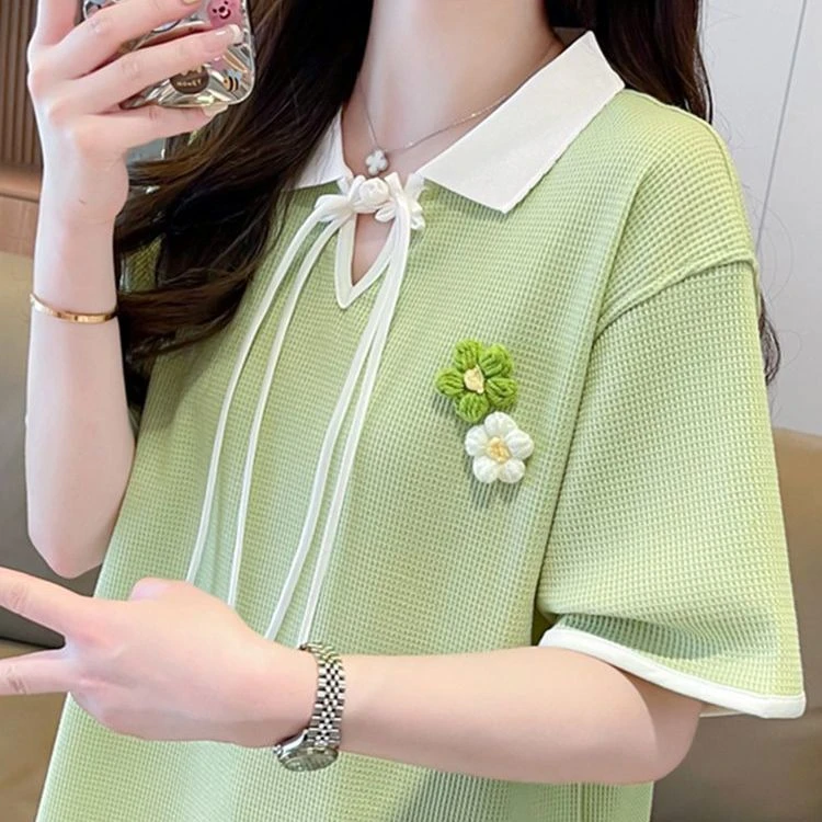 大码华夫格假两件polo领短袖t恤女2025夏季新款韩版宽松撞色上衣