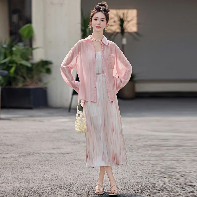 吊带连衣裙套装女夏季2025新款休闲减龄长袖衬衫印花裙子两件套薄