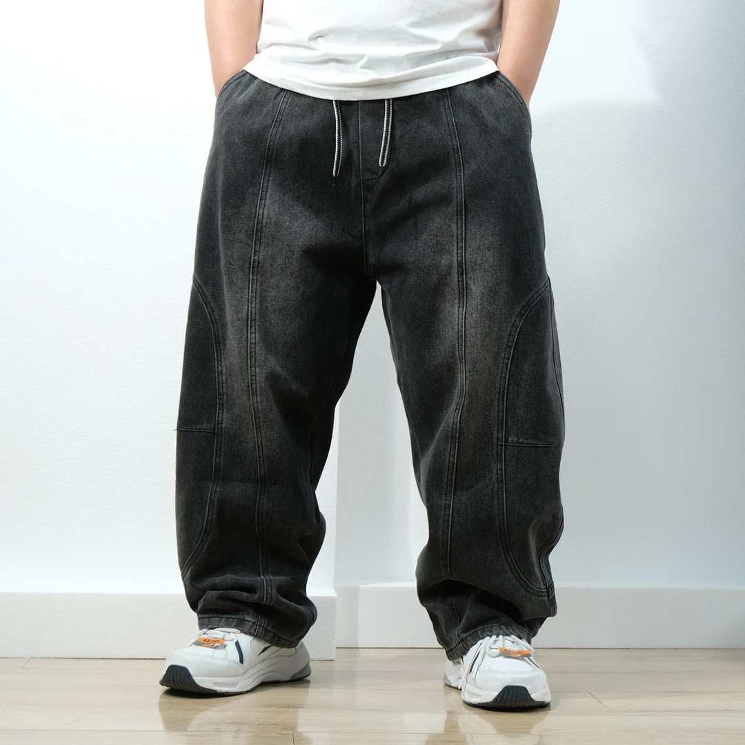 秋季美式重磅复古水洗牛仔裤男结构拼接宽松阔腿直筒休闲弯刀裤子