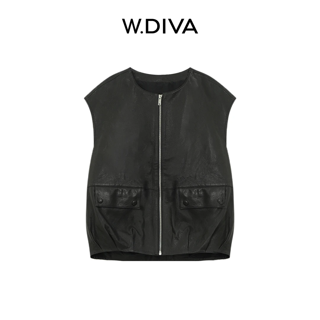 W.Diva【浮笺】100无涂植鞣羊皮时尚品质无袖拉链皮马甲3C2929208
