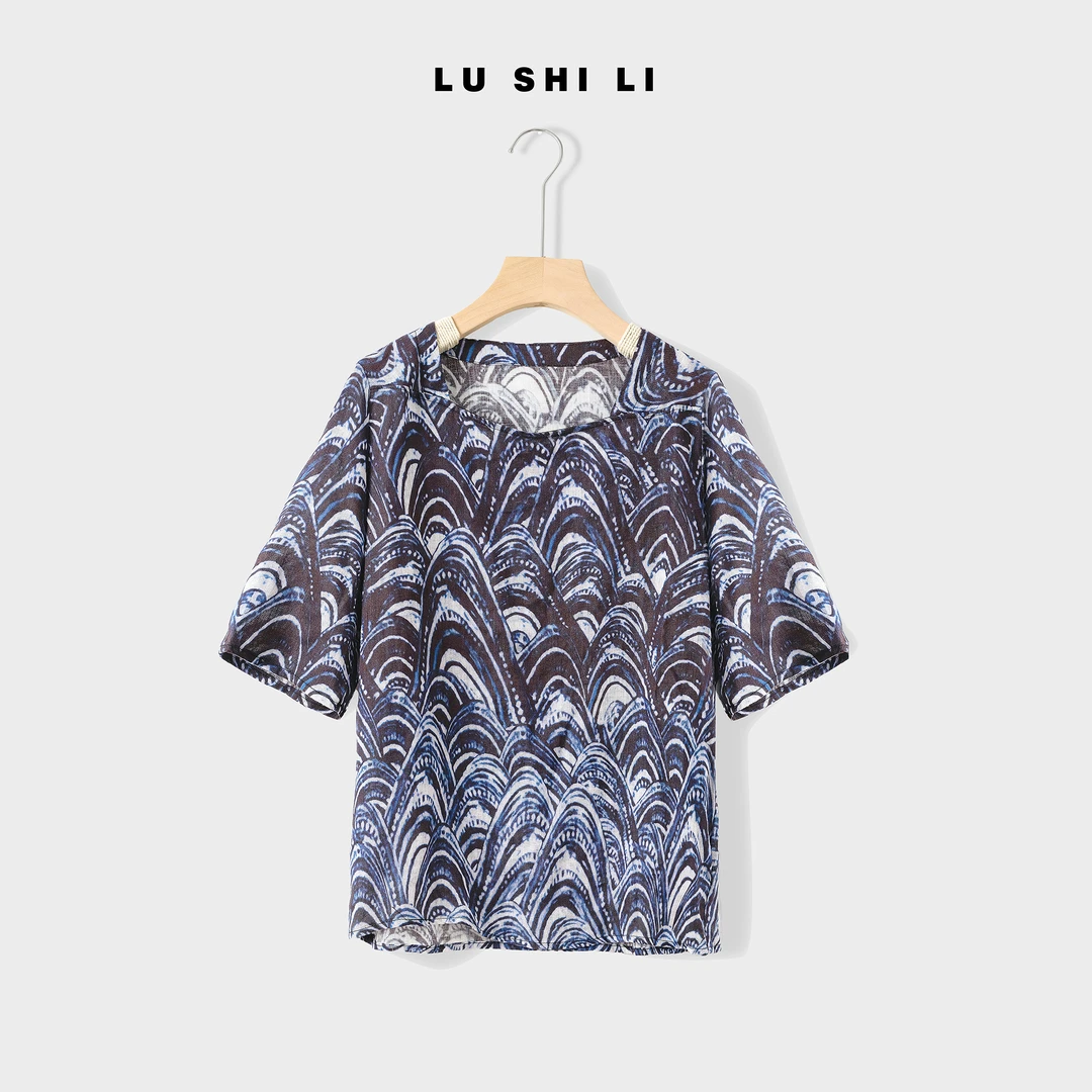 大宁女装  【不拘】100高支亚麻夏季麻复古印花透气T恤 89016