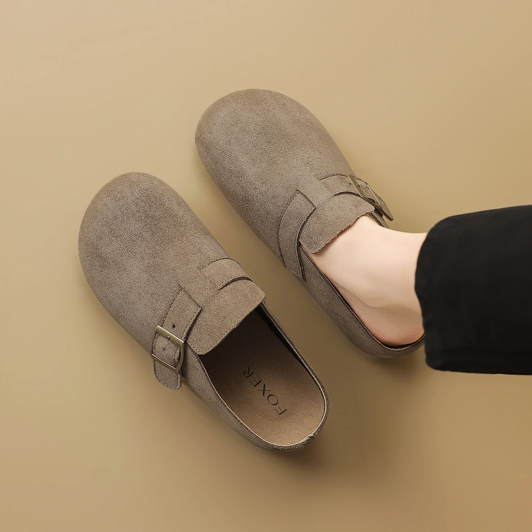 【FOXER】新款勃肯百搭风舒适纯色皮带扣包头拖软底鞋平底-W