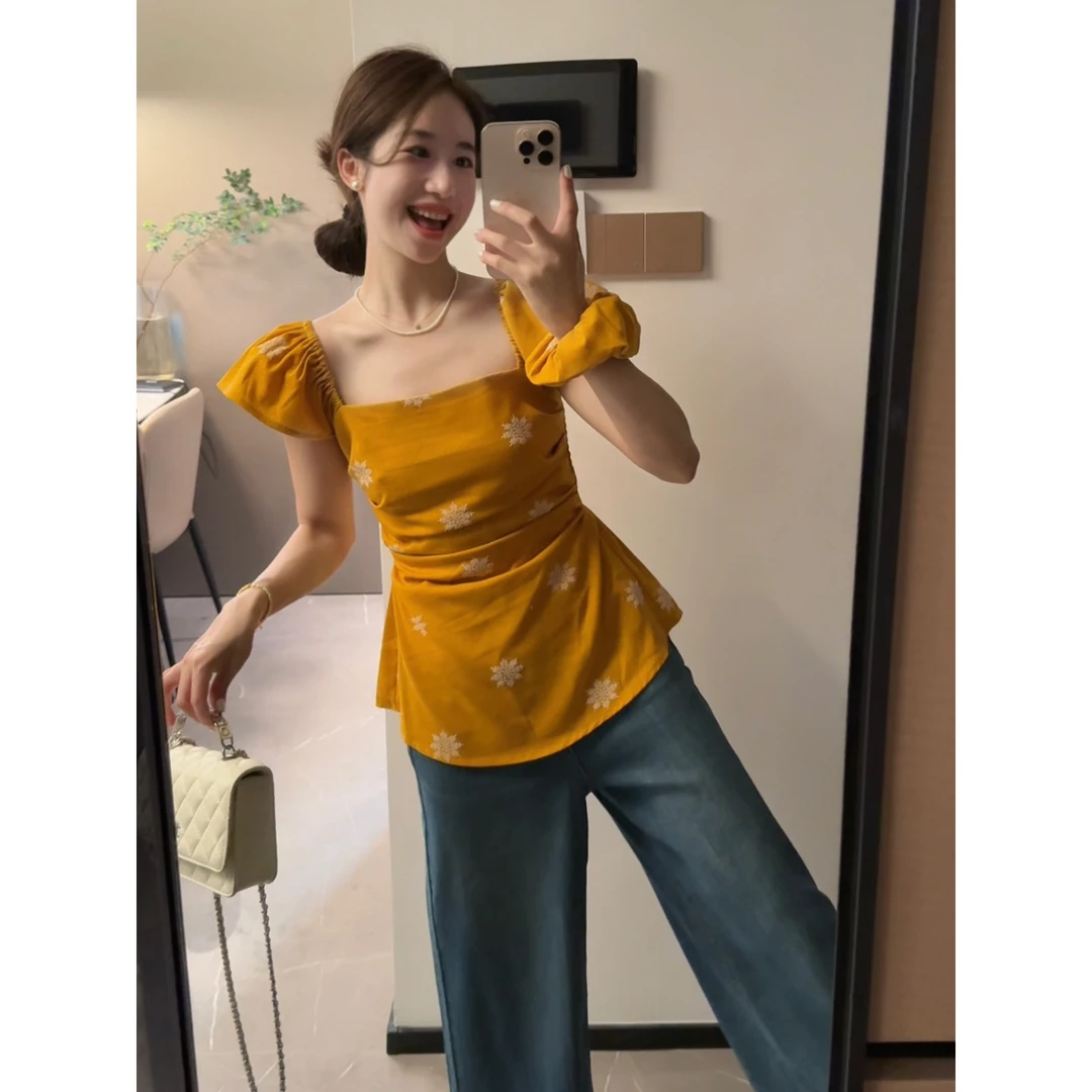 【芒果黄】明媚度假风小飞袖巨显瘦方领小衫