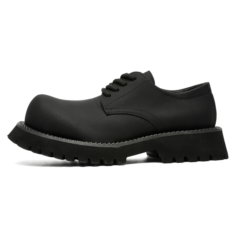钦潮——春季休闲男皮鞋低帮大头德比鞋亚光黑色厚底增高鞋系带