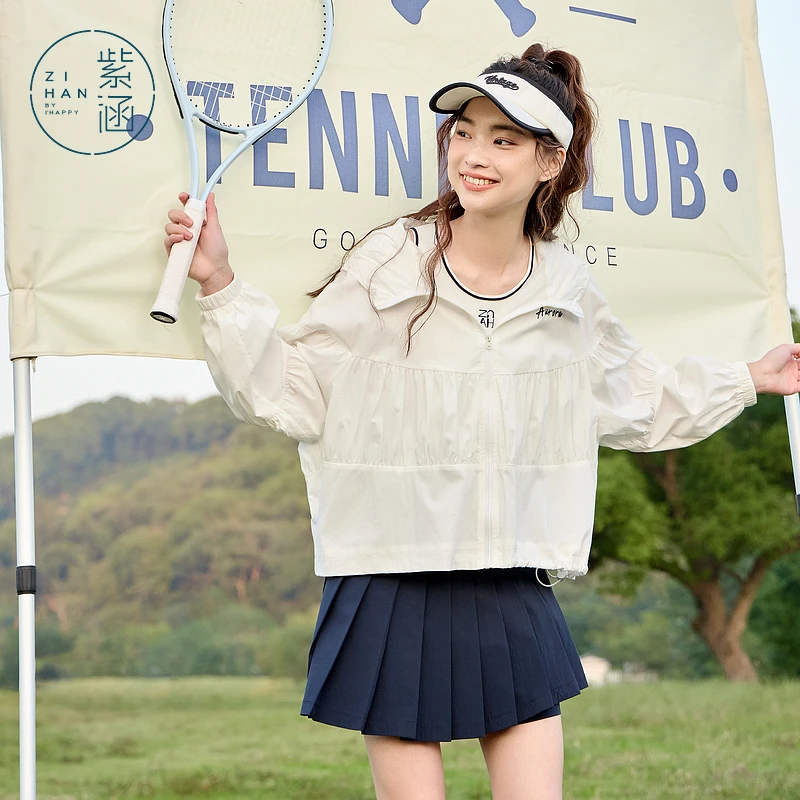 紫涵连帽防晒外套女2025年春新款褶皱宽松户外运动上衣Z5Z02CS416