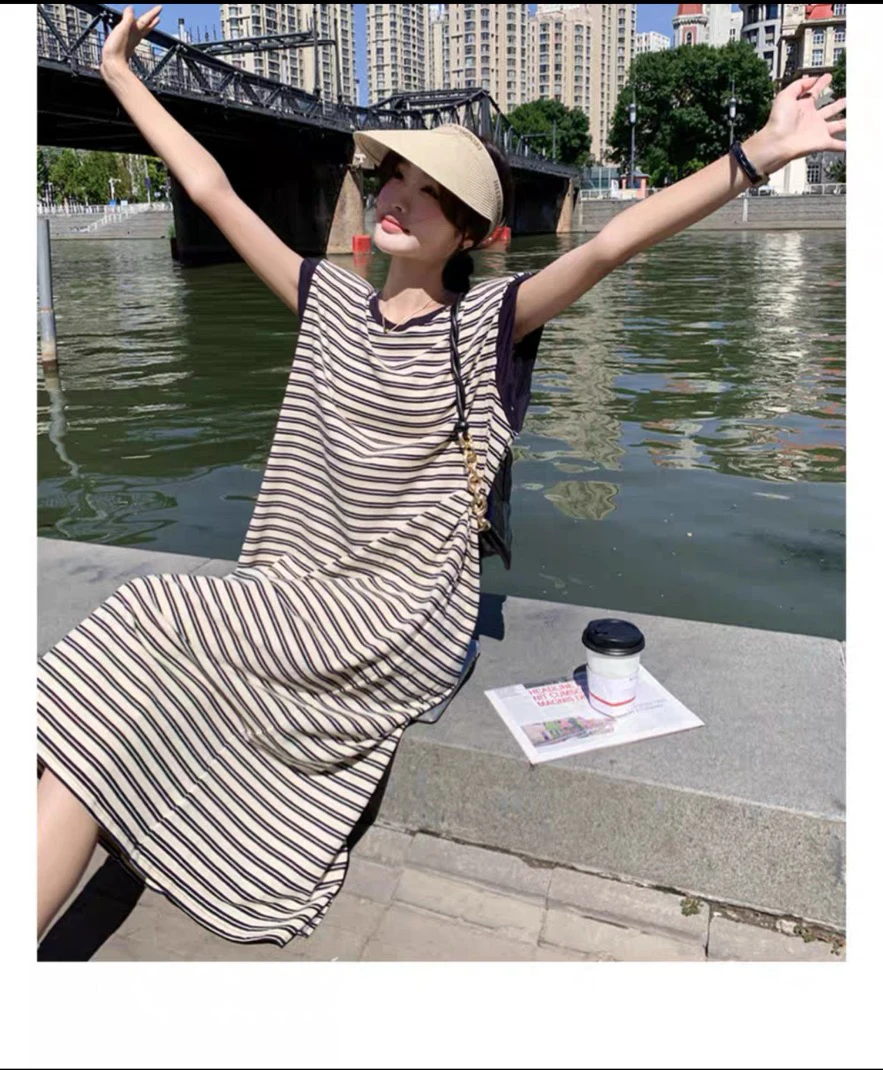 韩版黑白色条纹夏季飞机袖睡裙