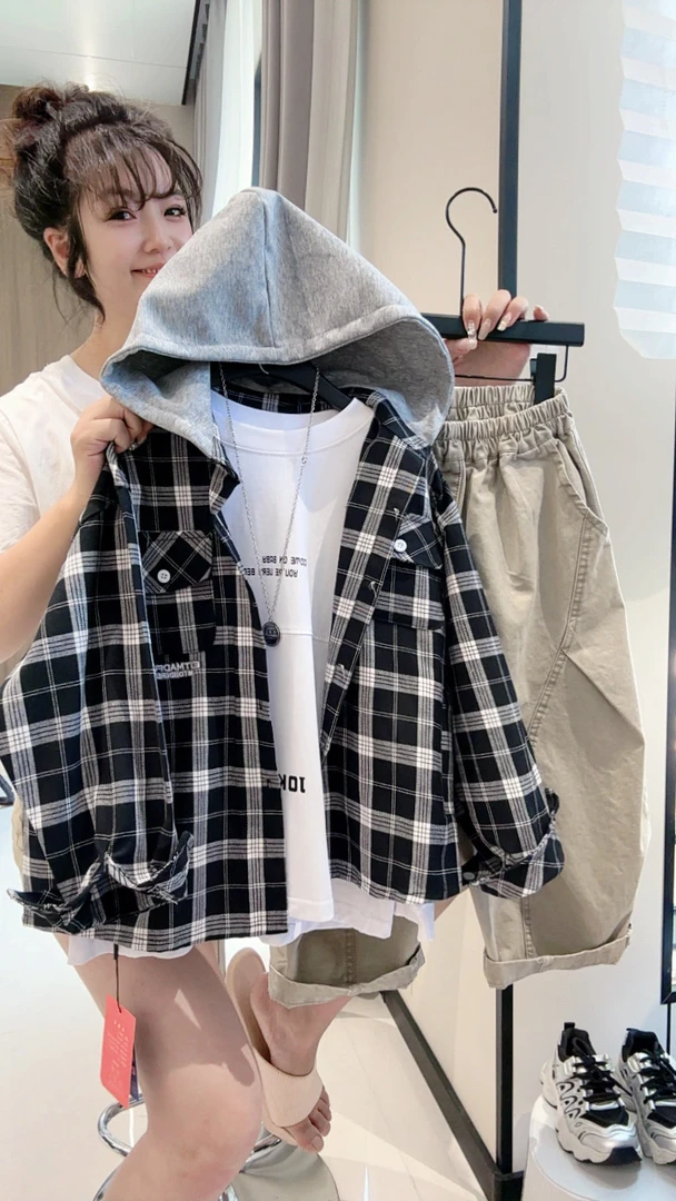 2025新款儿童格子衬衫中大童衬衣薄款痞帅连帽外套MT9409