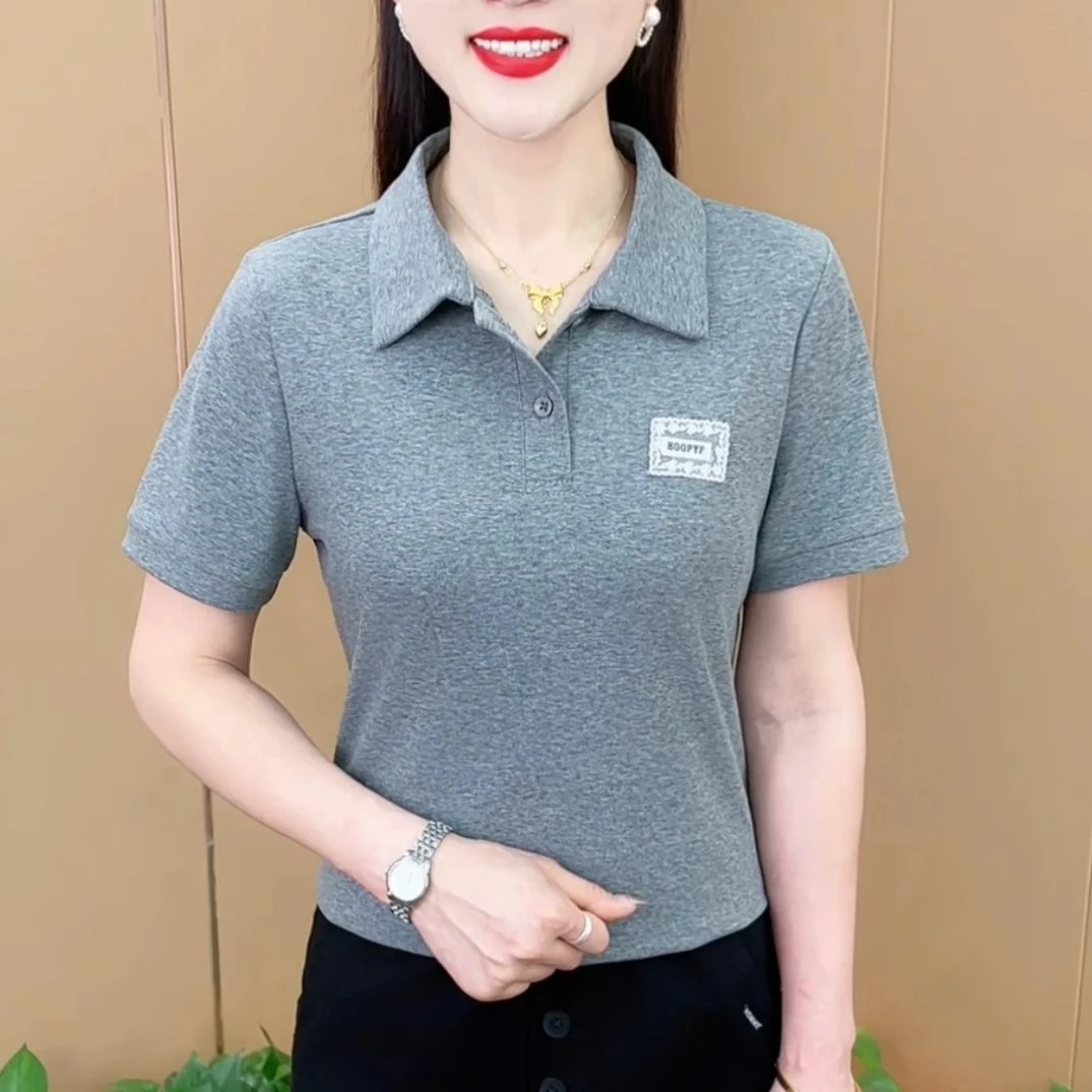 夏季纯色翻领刺绣女士短袖T恤休闲百搭小衫显瘦减龄中年妈妈上衣