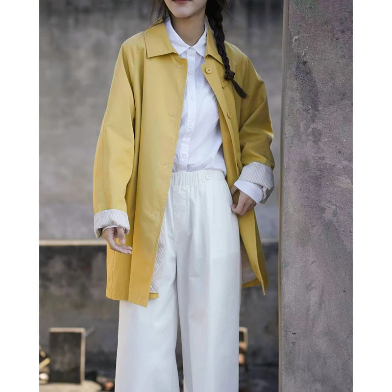 简约复古工装风单排扣宽松风衣外套女5128-010
