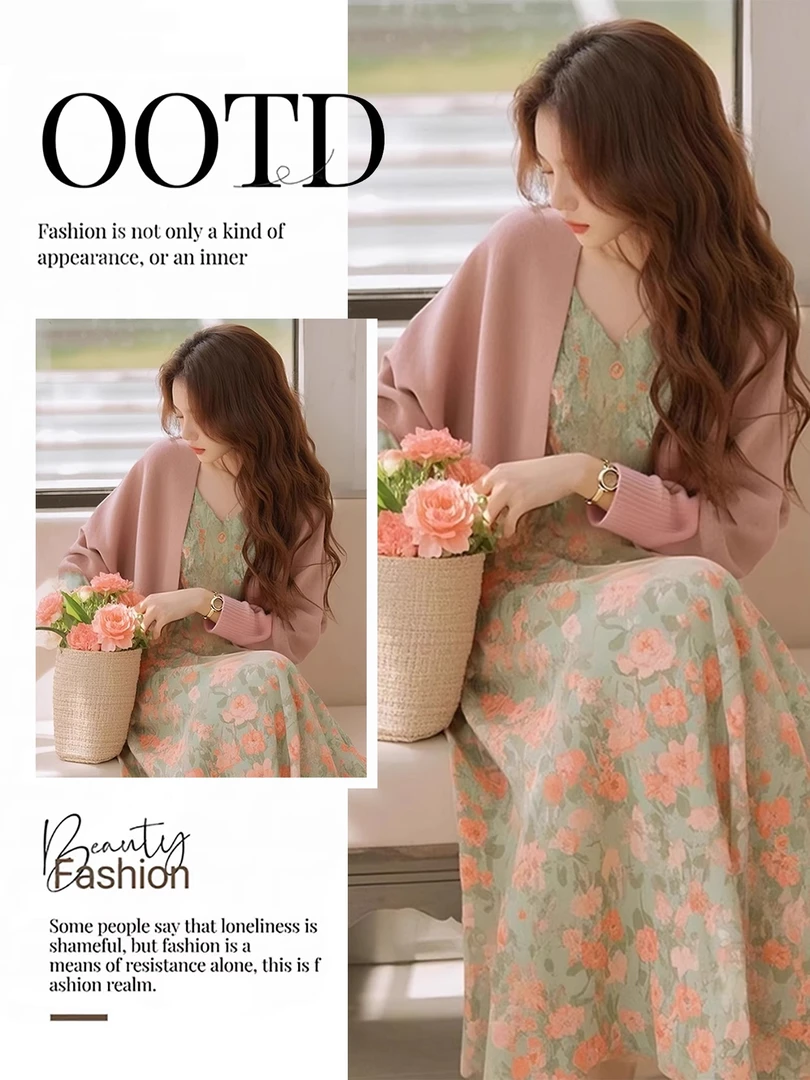 套装女2025新款法式减龄温柔风粉色防晒开衫碎花吊带连衣裙两件套