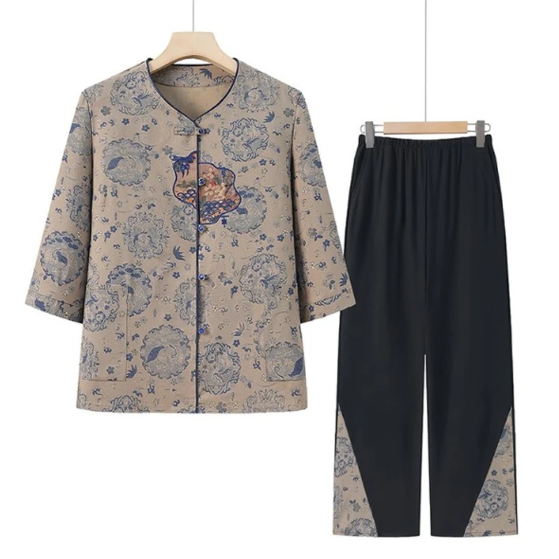 中老年奶奶夏季衬衫套装妈妈薄款衬衣两件套太太老人夏装外穿衣服