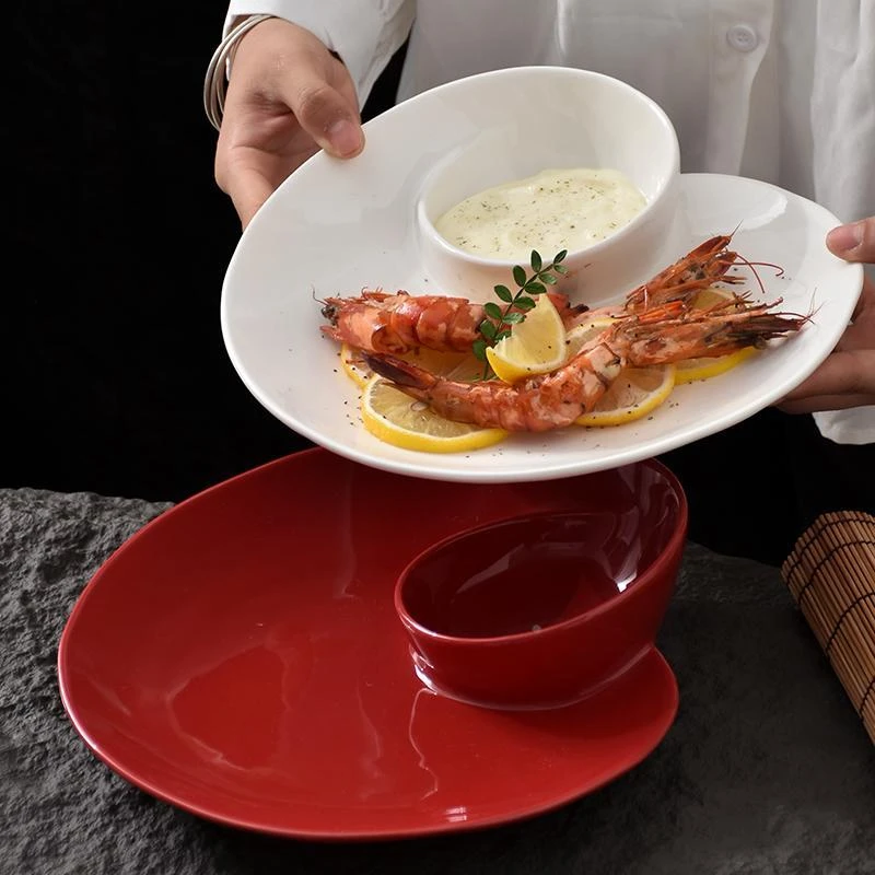 JM 10寸海螺盘 个性创意分格盘子陶瓷家用装虾盘饺子盘带醋碟