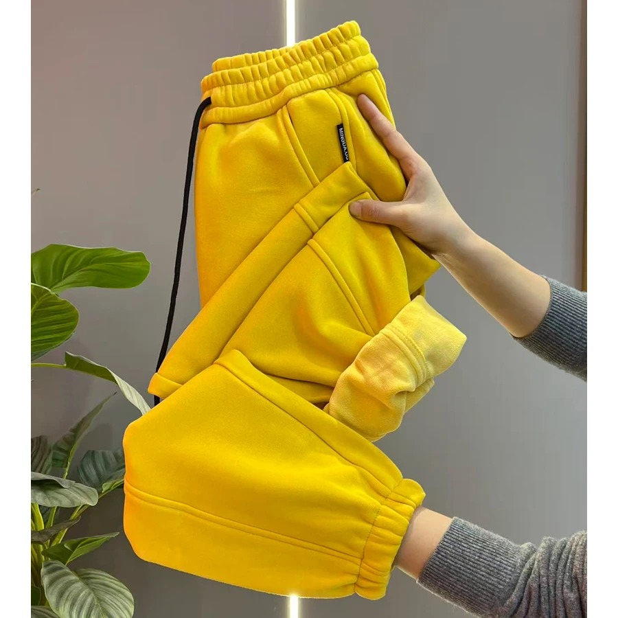 高端欧货秋冬季新款加绒加厚抽绳松紧高腰显瘦宽松休闲束脚卫裤女