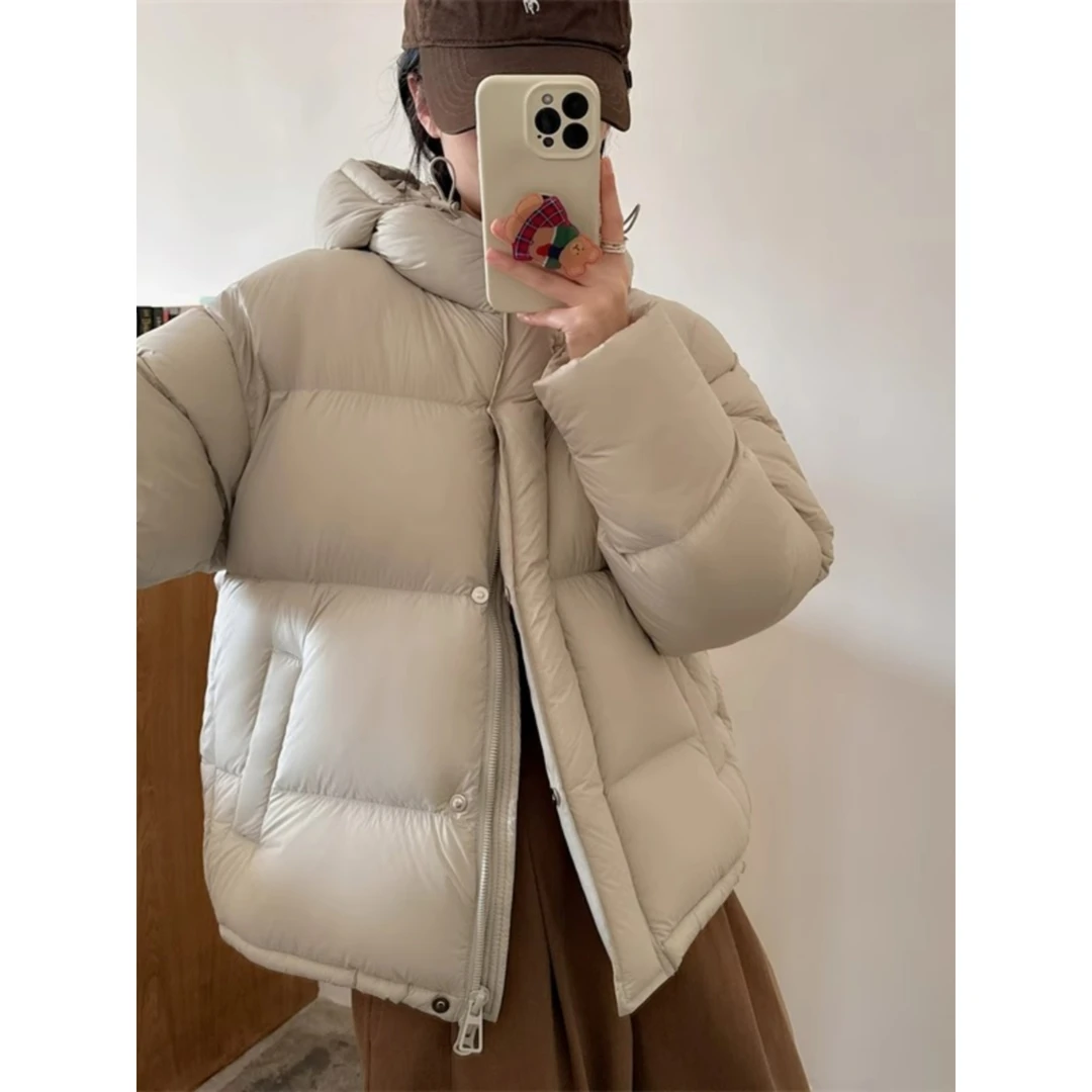 短款泡芙磁吸扣羽绒服女2024年冬季新款连帽90白鸭绒面包服外套