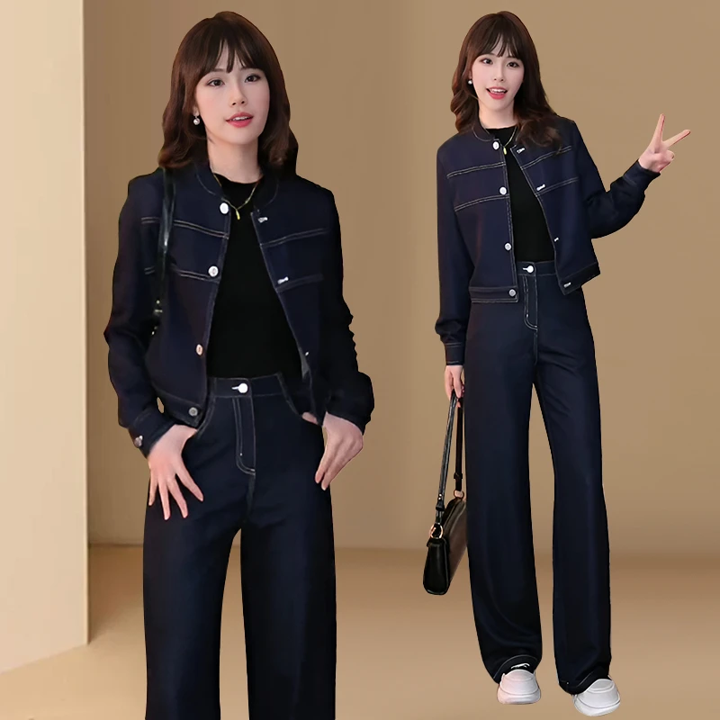 时尚套装女春秋新款洋气质减龄显瘦圆领短款外套阔腿裤两件套潮