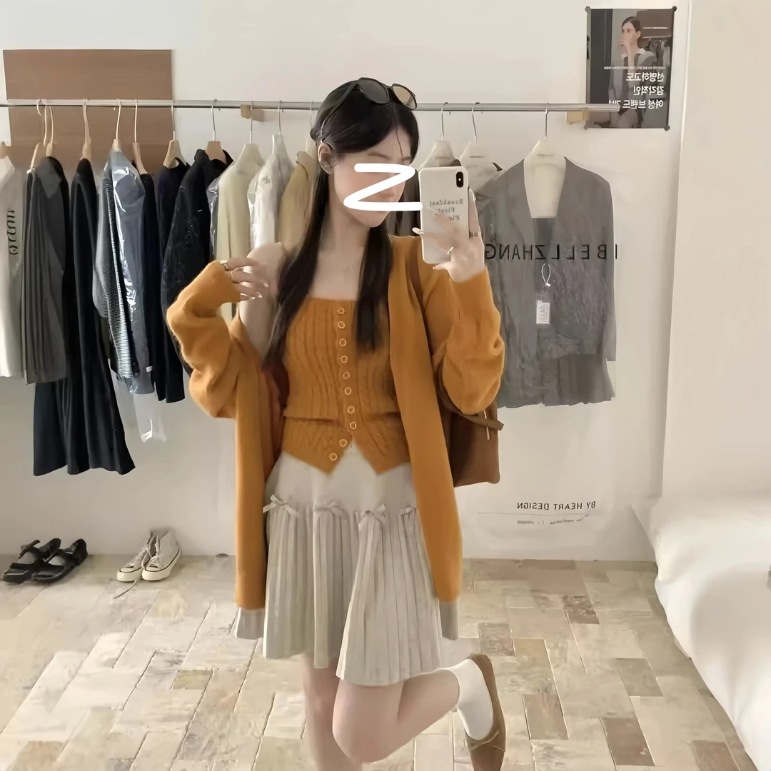 秋季韩系慵懒风麻花针织两件套装背心+v领宽松简约纯色开衫外套女