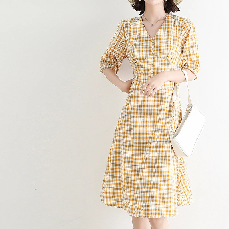 25新款V领清新甜美短袖连衣裙法式复古收腰显瘦中长款裙子6563