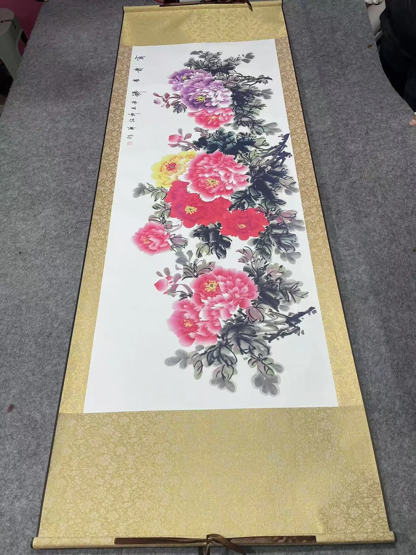 横幅1.8米×0.6米《富贵吉祥牡丹》国画