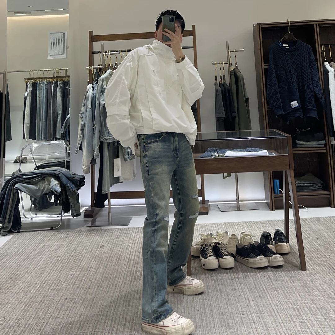 TKTHEKING/24740男士美系显瘦高街复古蓝假破洞宽松直筒微喇牛仔