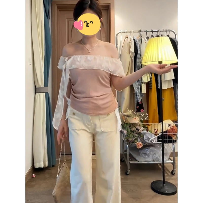 大码微胖mm纯欲花边系带一字肩上衣女夏季设计感甜辣露肩短袖T恤