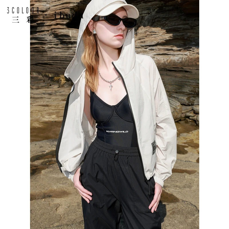 三彩ibudu2025春季新款户外风撞色防风外套宽松休闲拉链衫女