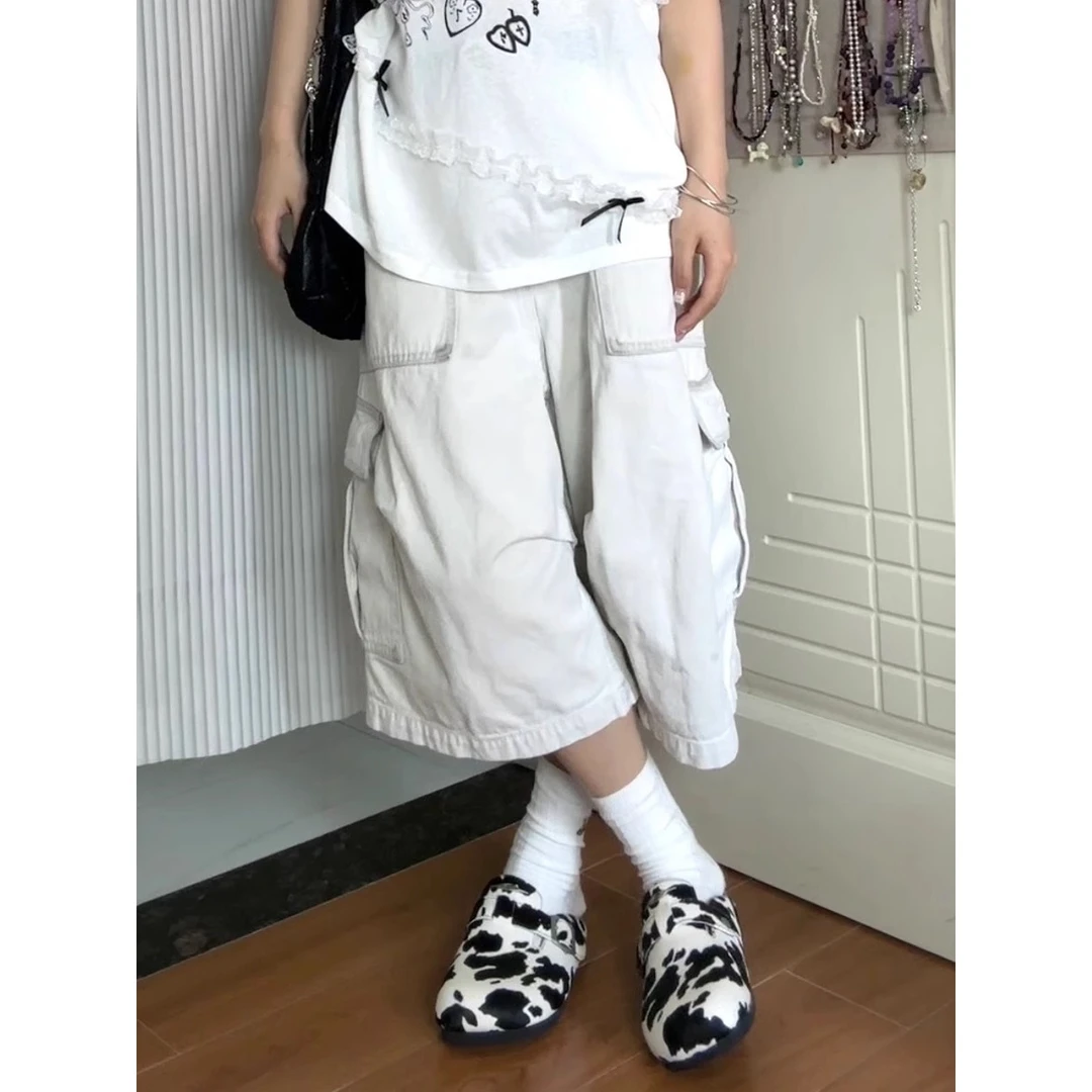 美式复古白色工装七分裤女夏季辣妹高街多口袋百搭阔腿牛仔短裤潮