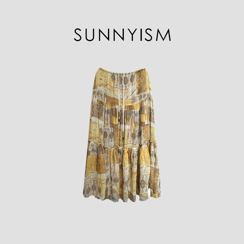 Sunnyism “意大利假期” 植物印染100苎麻抽绳腰头半裙 BQ00718