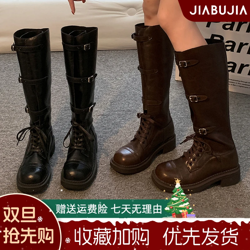 贾不假靴子女长筒靴2025新款秋冬潮流时尚百搭棕色厚底增高骑士靴