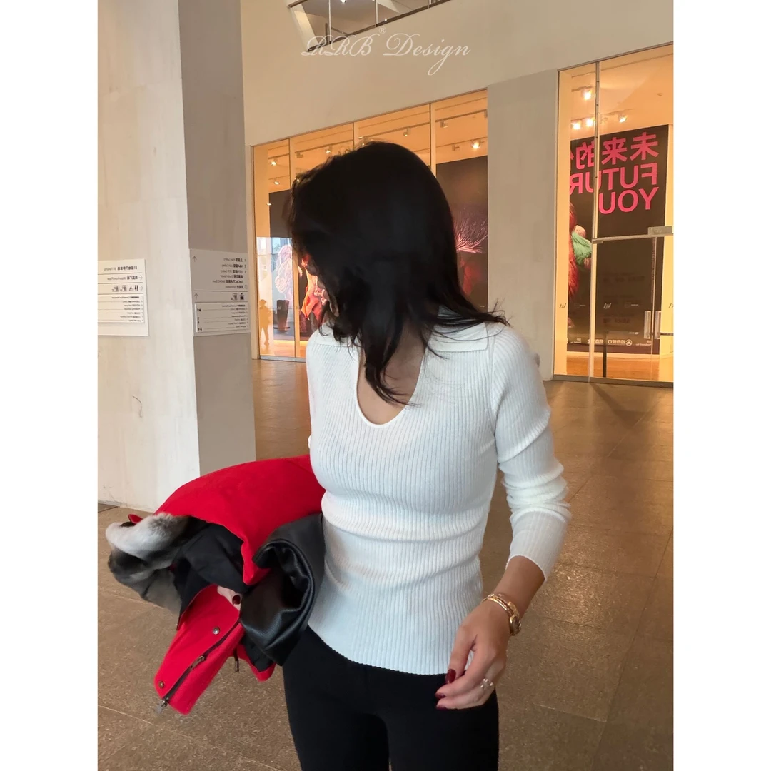 RRB Design绵羊毛桑蚕丝混纺翻领长袖针织衫高弹百搭套头毛织上衣