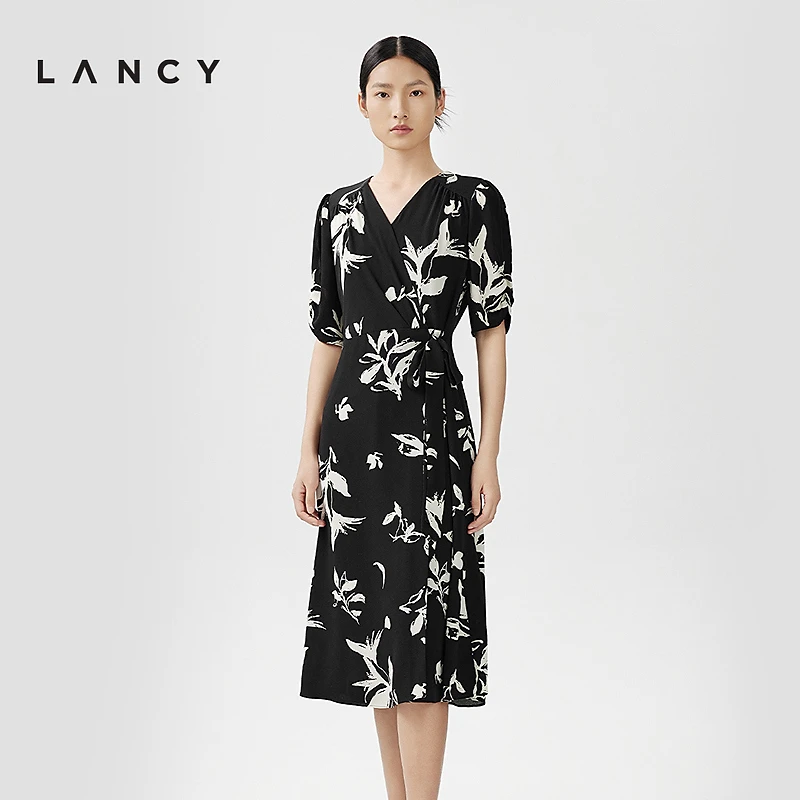 LANCY/朗姿2024春季新款V领真丝印花半袖连衣裙女法式复古高级感