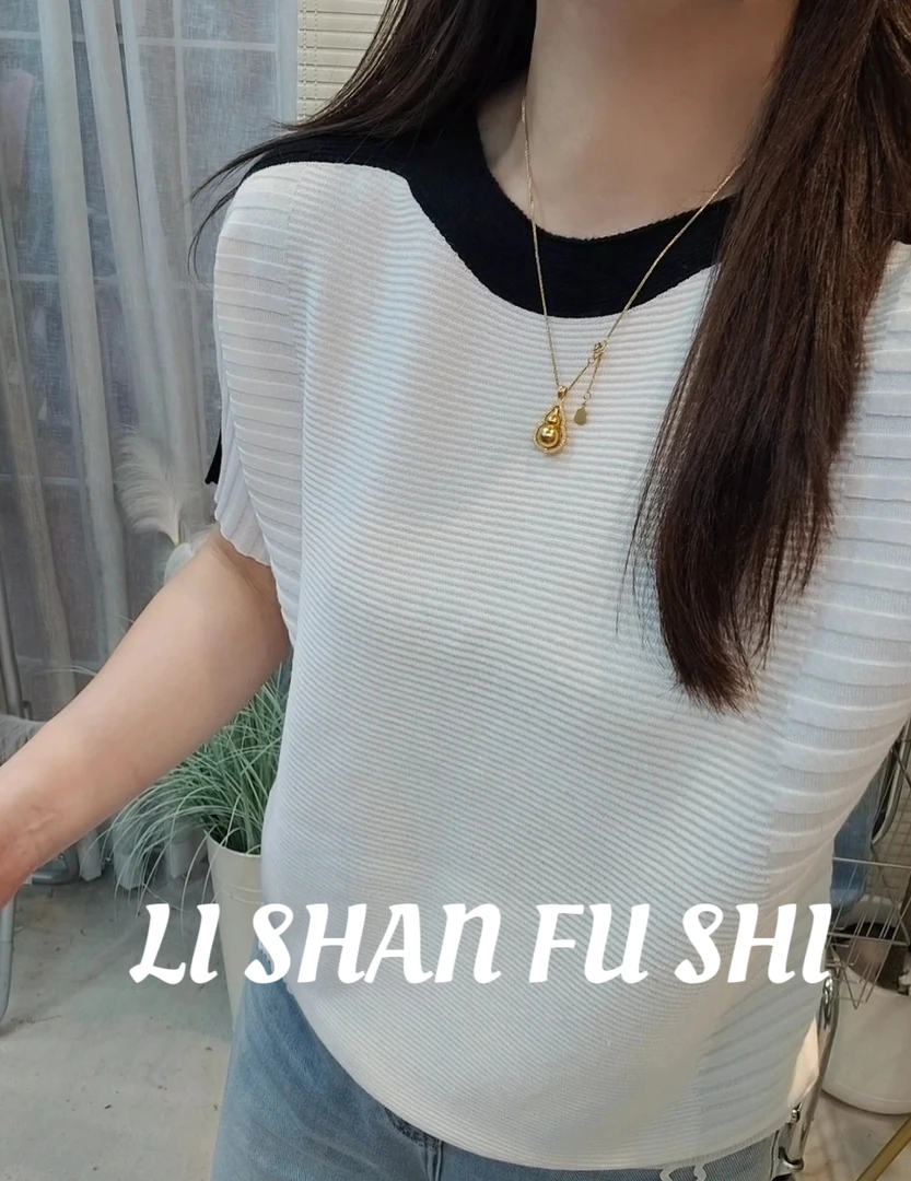 拼色时尚显瘦短袖2025夏款针织衫女士薄款宽松半袖T恤品质女装