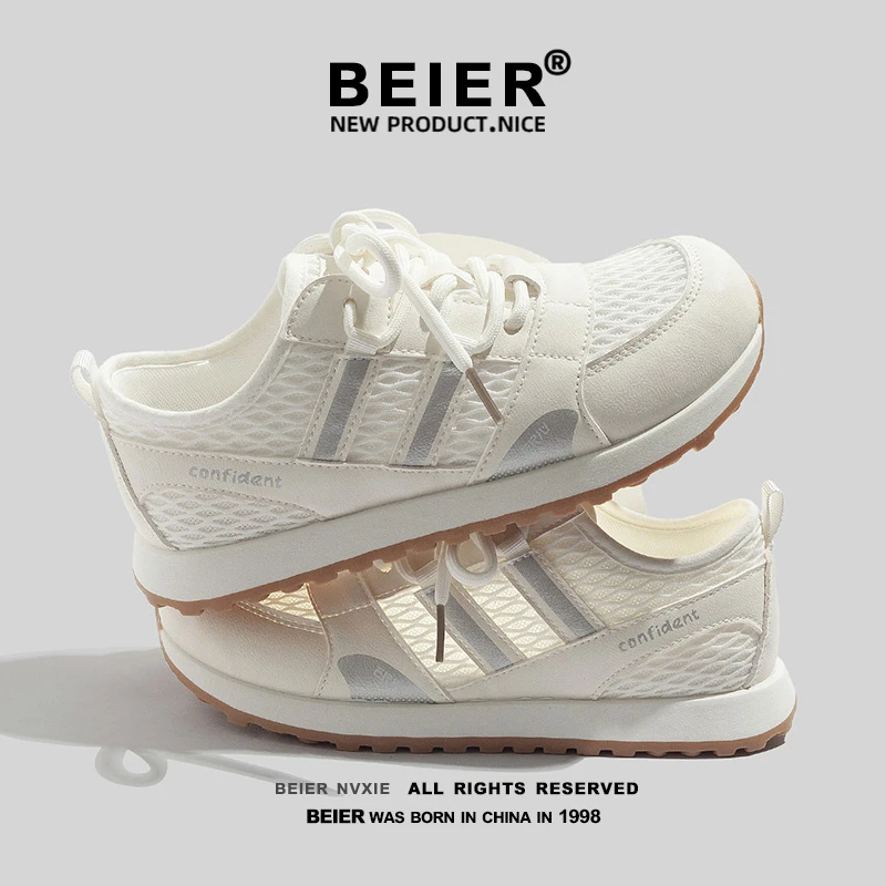 BEIER粗网圆头板鞋女鞋2025夏季新款透气休闲小白鞋厚底韩版2803