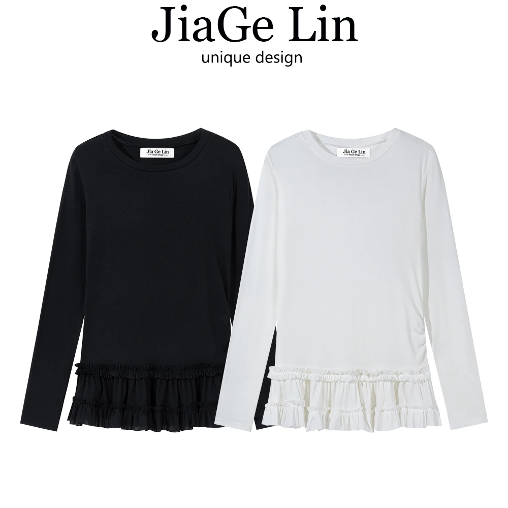 JiaGeLin韩系芭蕾风拼接花边下摆t恤衫女春设计感内搭打底衫上衣