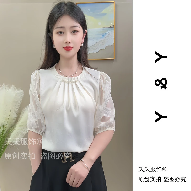 2025夏季新款百搭时尚五分袖衬衫女洋气上衣休闲小衫衬衣宽松显瘦